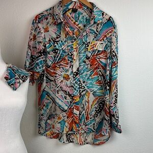 Rafaella Studio semi sheer tropical batik tribal elegant button down blouse, M